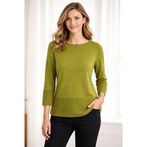 COS Knit Blouse Top Women Sz XS Green Fine Knit Wool 3/4 Sleeve Classic